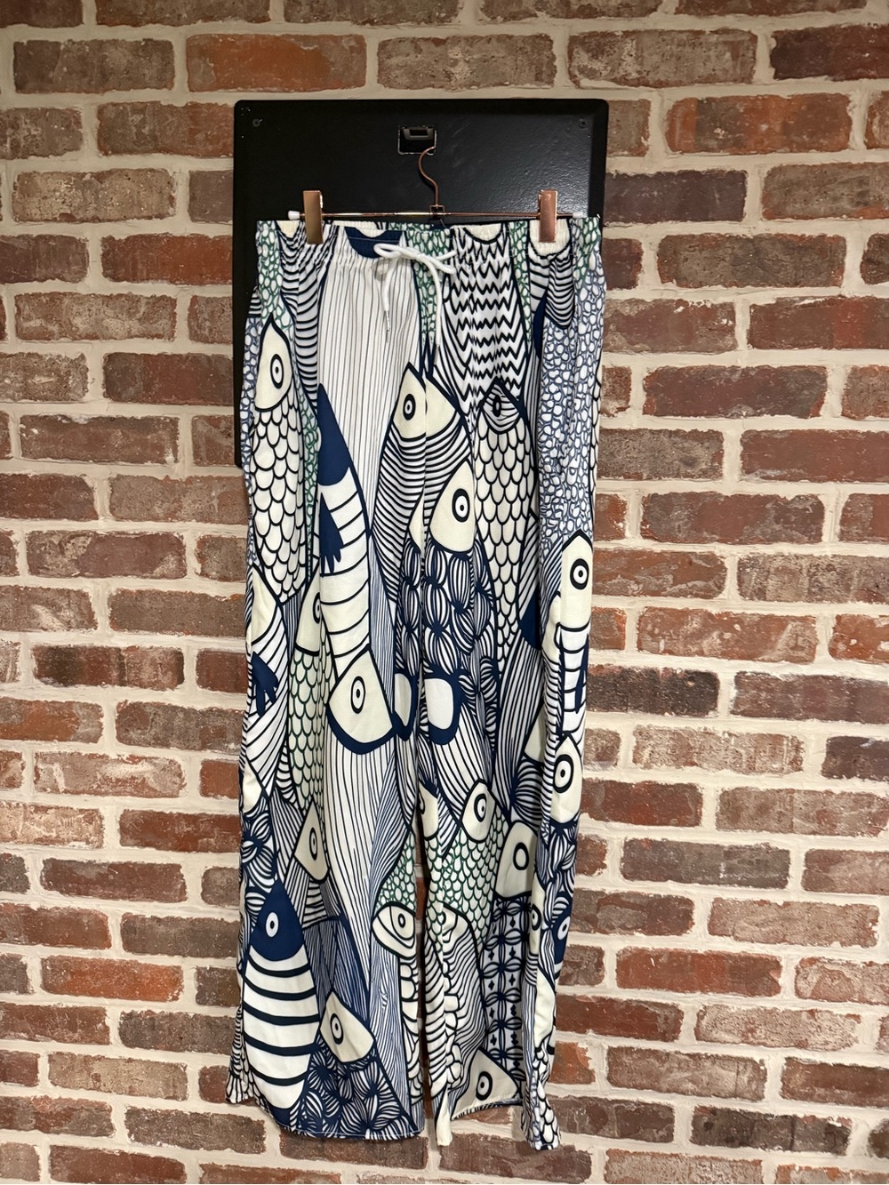SHEIN Navy and White Printed Drawstring Wide Leg Pants Fish Pants